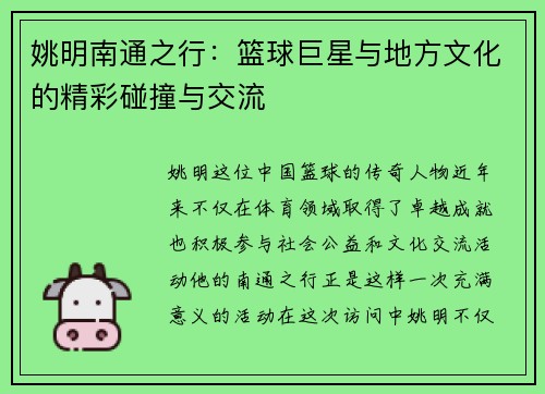 姚明南通之行：篮球巨星与地方文化的精彩碰撞与交流